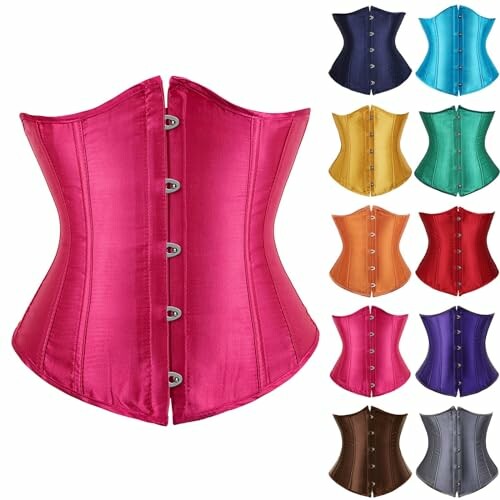 Various colorful corsets on display.