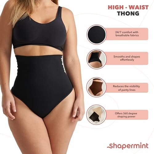 Woman wearing high-waist thong shapewear with benefits listed.