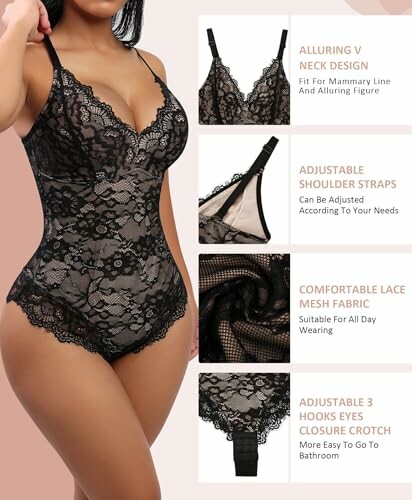 Lace bodysuit with V-neck and adjustable straps