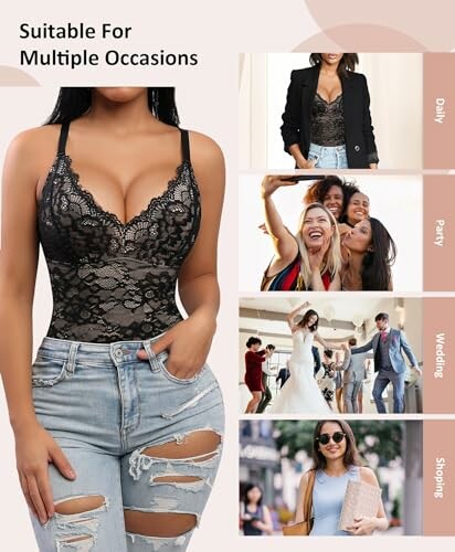 Lace bodysuit styled for daily, party, wedding, and shopping occasions.