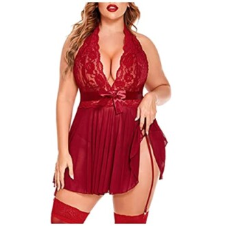 Woman in red lace lingerie with halter neck and stockings.