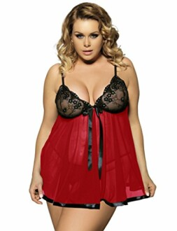 Woman in red lingerie with lace details.